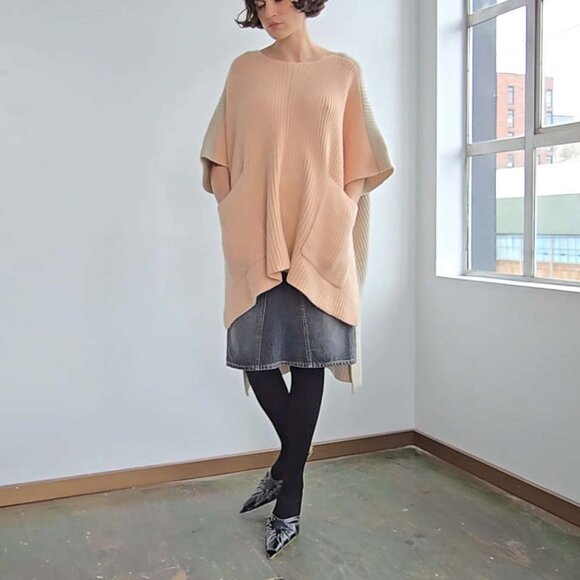 Chloe Ribbed Knit Cashmere Poncho Pink/Beige, size XS/S (fits up to XXL) - Picture 6 of 12